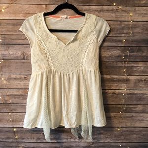 Cream Babydoll Short Sleeve Top with Lace
